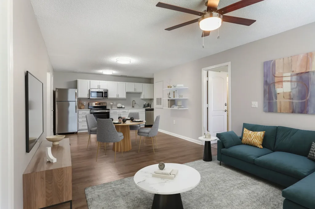 Open living and dining area with view into the open kitchen