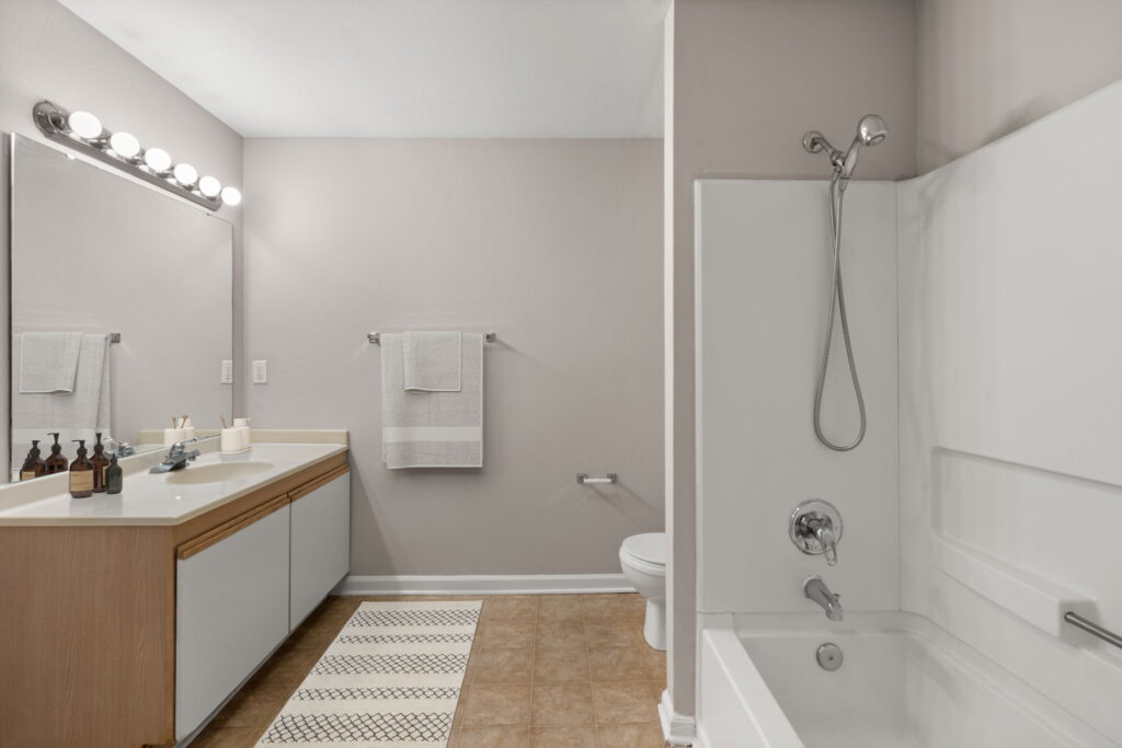 Bathroom with standing shower and tub, toilet, and vanity sink with mirror overhead