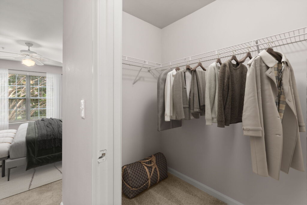Walk-in closet with hanging clothes